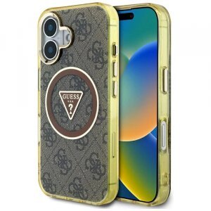 Husa MagSafe pentru Apple iPhone 16, Guess, IML Glitter 4G Circle Triangle, Maro