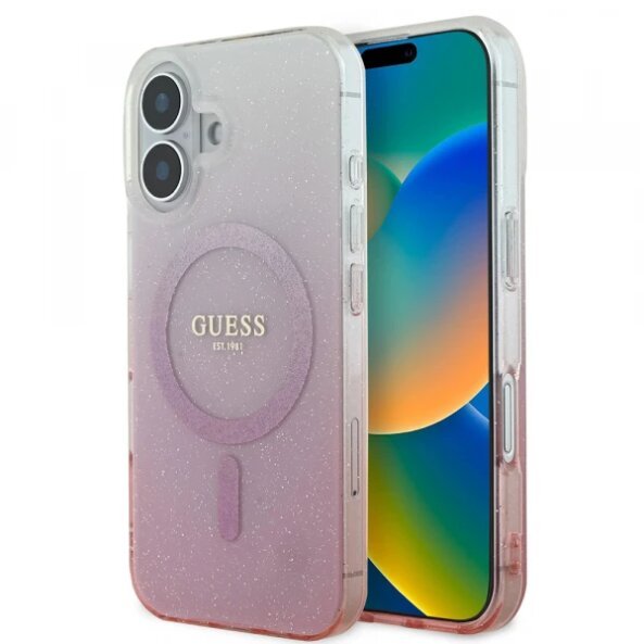 Husa MagSafe pentru Apple iPhone 16, Guess, IML Glitter Gradient, Roz
