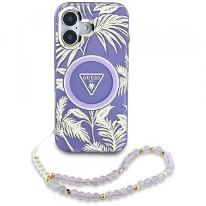Husa MagSafe pentru Apple iPhone 16, Guess, IML Palm Trees Triangle with Pearl Strap, Mov