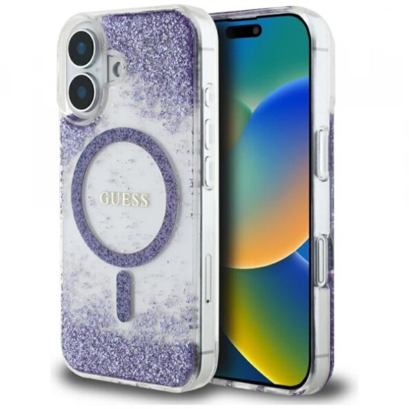 Husa MagSafe pentru Apple iPhone 16, Guess, Resin Bottom Glitter, Mov