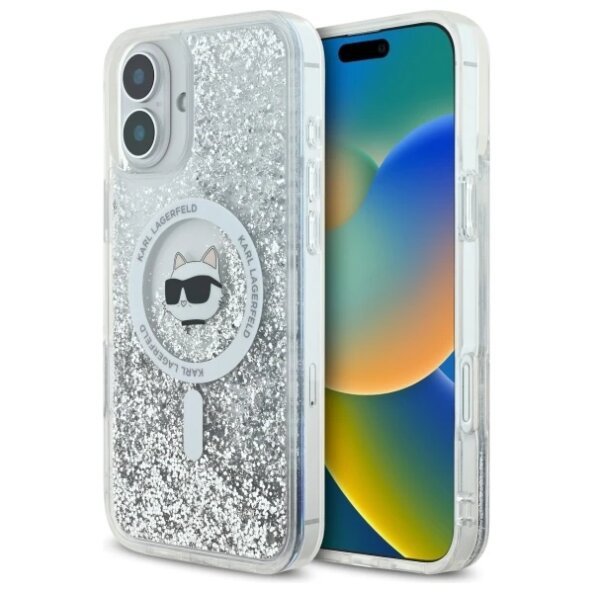 Husa MagSafe pentru Apple iPhone 16, Karl Lagerfeld, Glitter Liquid Choupette Head, Transparenta