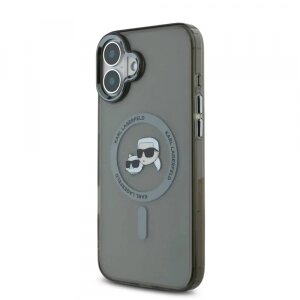Husa MagSafe pentru Apple iPhone 16, Karl Lagerfeld, IML Metal Karl &amp; Choupette's Heads, Neagra