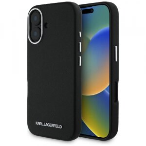 Husa MagSafe pentru Apple iPhone 16, Karl Lagerfeld, Saffiano Full Wrapped Elongated Metal Logo, Neagra