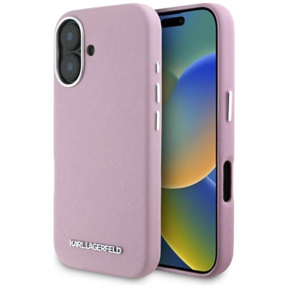 Husa MagSafe pentru Apple iPhone 16, Karl Lagerfeld, Saffiano Full Wrapped Elongated Metal Logo, Roz