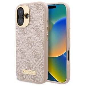 Husa MagSafe pentru Apple iPhone 16 Plus, Guess, 4G Logo Plate, Roz