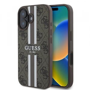 Husa MagSafe pentru Apple iPhone 16 Plus, Guess, 4G Printed Stripes, Maro