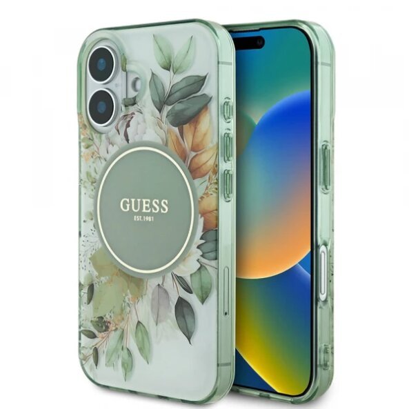 Husa MagSafe pentru Apple iPhone 16 Plus, Guess, IML Flower &amp; Tonal Circle, Verde