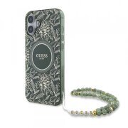 Husa MagSafe pentru Apple iPhone 16 Plus, Guess, IML Flowers Allover Electroplated with Pearl Strap, Verde