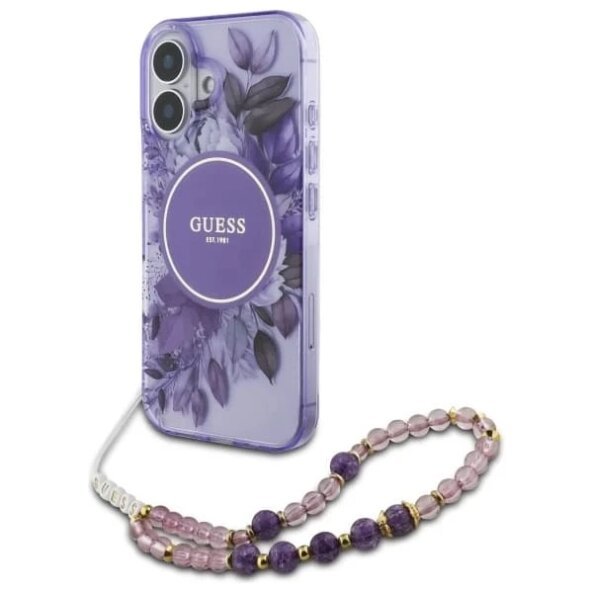 Husa MagSafe pentru Apple iPhone 16 Plus, Guess, IML Flowers with Pearl Strap, Mov