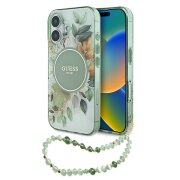 Husa MagSafe pentru Apple iPhone 16 Plus, Guess, IML Flowers with Pearl Strap, Verde