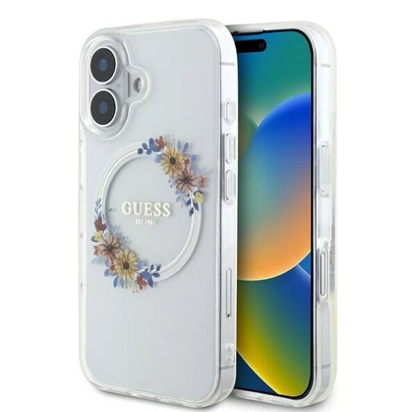 Husa MagSafe pentru Apple iPhone 16 Plus, Guess, IML Flowers Wreath, Transparenta