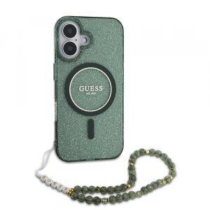 Husa MagSafe pentru Apple iPhone 16 Plus, Guess, IML Glitter with Pearl Strap, Verde