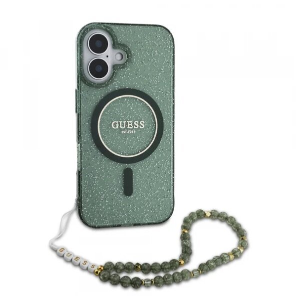 Husa MagSafe pentru Apple iPhone 16 Plus, Guess, IML Glitter with Pearl Strap, Verde