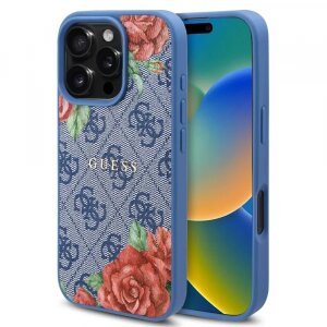 Husa MagSafe pentru Apple iPhone 16 Pro, Guess, 4G Flowers Print, Albastra