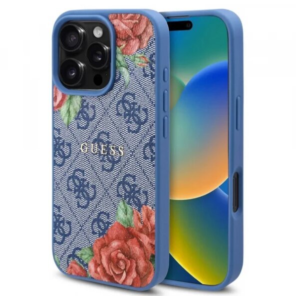 Husa MagSafe pentru Apple iPhone 16 Pro, Guess, 4G Flowers Print, Albastra