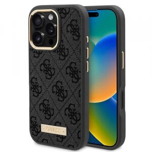 Husa MagSafe pentru Apple iPhone 16 Pro, Guess, 4G Logo Plate, Neagra