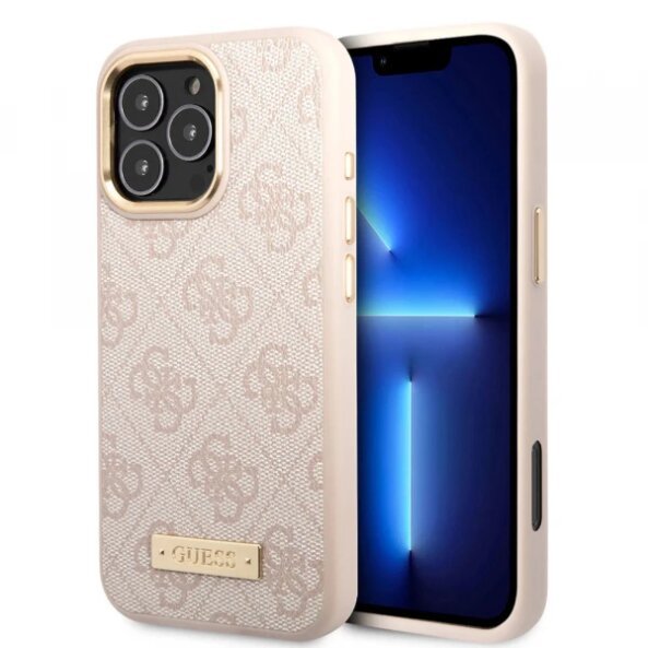 Husa MagSafe pentru Apple iPhone 16 Pro, Guess, 4G Logo Plate, Roz