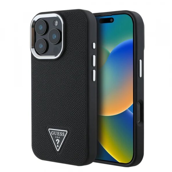 Husa MagSafe pentru Apple iPhone 16 Pro, Guess, Grained Triangle Logo, Neagra