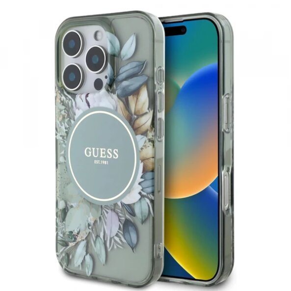 Husa MagSafe pentru Apple iPhone 16 Pro, Guess, IML Flower &amp; Tonal Circle, Verde