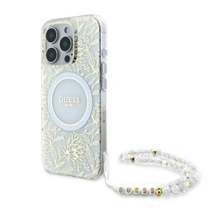 Husa MagSafe pentru Apple iPhone 16 Pro, Guess, IML Flowers Allover Electroplated with Pearl Strap, Alba
