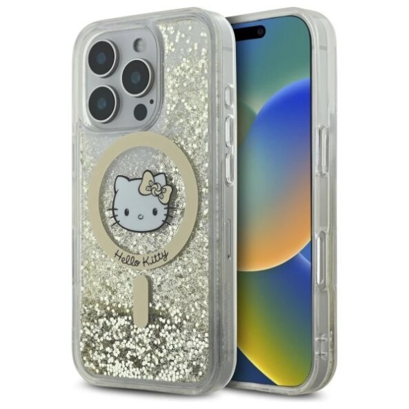 Husa MagSafe pentru Apple iPhone 16 Pro, Hello Kitty, Liquid Glitter Fever, Alba Aurie