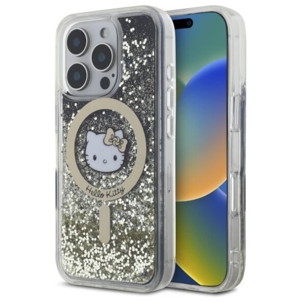Husa MagSafe pentru Apple iPhone 16 Pro, Hello Kitty, Liquid Glitter Fever, Neagra Aurie