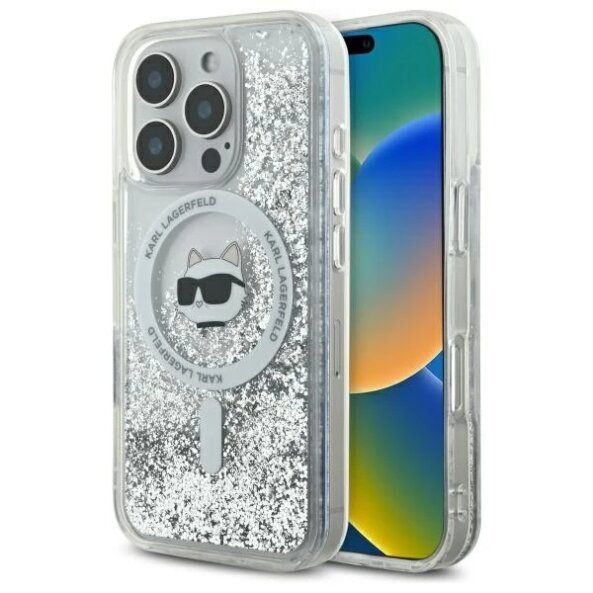 Husa MagSafe pentru Apple iPhone 16 Pro, Karl Lagerfeld, Liquid Glitter Choupette's Head, Transparenta