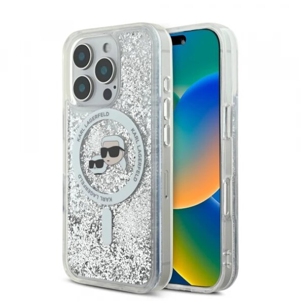 Husa MagSafe pentru Apple iPhone 16 Pro, Karl Lagerfeld, Liquid Glitter Karl &amp; Choupette's Heads, Transparenta