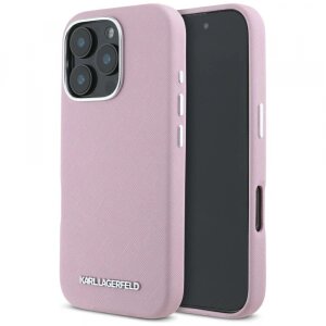Husa MagSafe pentru Apple iPhone 16 Pro, Karl Lagerfeld, Saffiano Full Wrapped Elongated Metal Logo, Roz