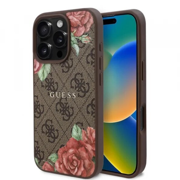 Husa MagSafe pentru Apple iPhone 16 Pro Max, Guess, 4G Flowers Print, Maro