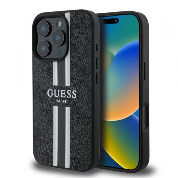Husa MagSafe pentru Apple iPhone 16 Pro Max, Guess, 4G Printed Stripes, Neagra