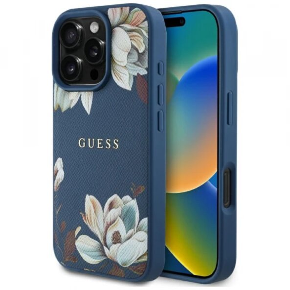 Husa MagSafe pentru Apple iPhone 16 Pro Max, Guess, Grained Flowers, Albastra