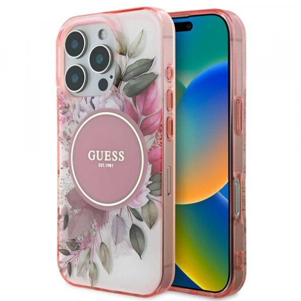 Husa MagSafe pentru Apple iPhone 16 Pro Max, Guess, IML Flower &amp; Tonal Circle, Roz