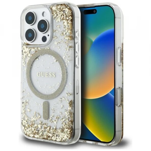 Husa MagSafe pentru Apple iPhone 16 Pro Max, Guess, Resin Bottom Glitter, Aurie
