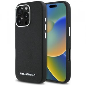Husa MagSafe pentru Apple iPhone 16 Pro Max, Karl Lagerfeld, Saffiano Full Wrapped Elongated Metal Logo, Neagra
