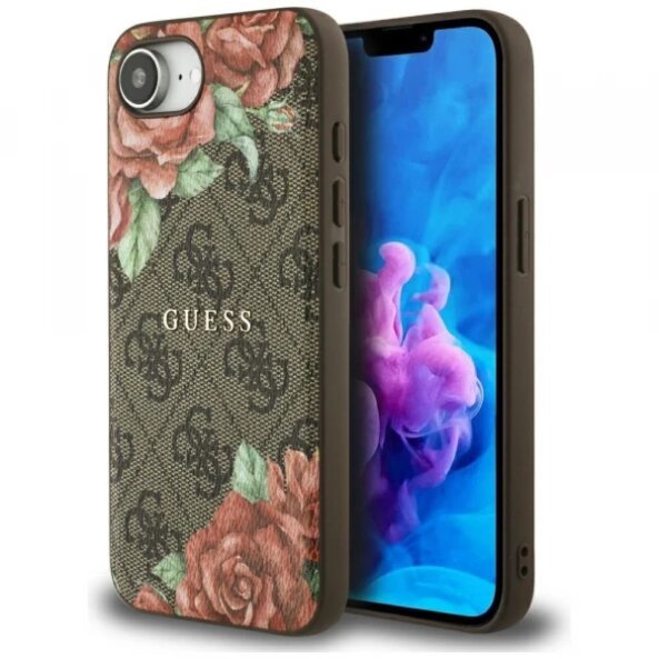 Husa MagSafe pentru Apple iPhone 16e, Guess, 4G Flowers Print, Maro