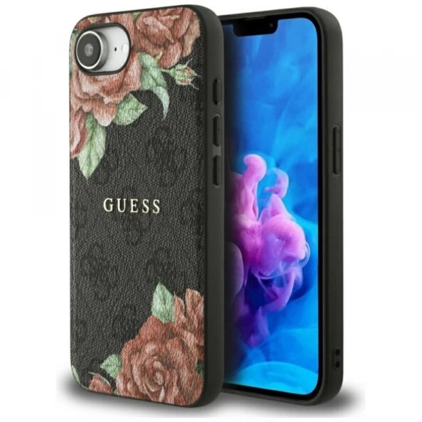 Husa MagSafe pentru Apple iPhone 16e, Guess, 4G Flowers Print, Neagra
