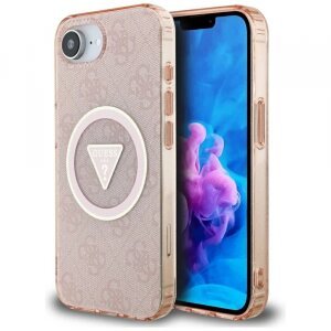 Husa MagSafe pentru Apple iPhone 16e, Guess, IML Glitter 4G Circle Triangle, Roz