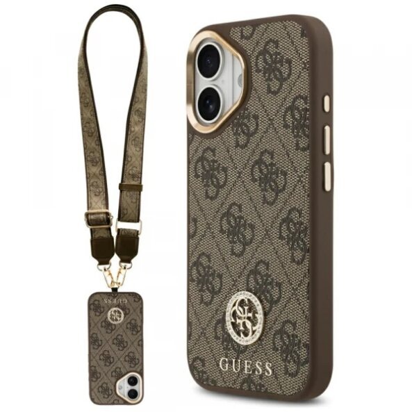 Husa MagSafe pentru Apple iPhone 17, Guess, 4G Strass Logo with Big Strap, Maro
