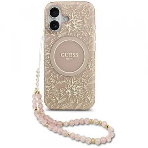 Husa MagSafe pentru Apple iPhone 17, Guess, IML Flowers Allover Electroplated with Pearl Strap, Neagra