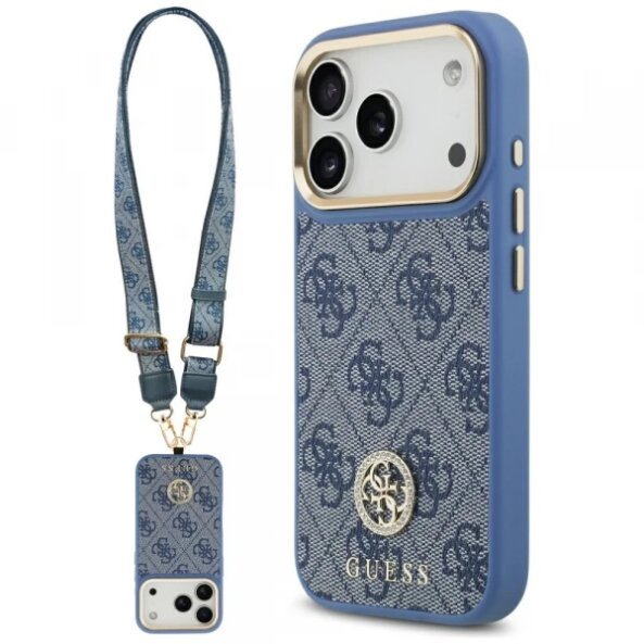 Husa MagSafe pentru Apple iPhone 17 Pro, Guess, 4G Strass Logo with Big Strap, Albastra