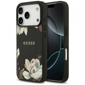 Husa MagSafe pentru Apple iPhone 17 Pro, Guess, Grained Flowers, Neagra