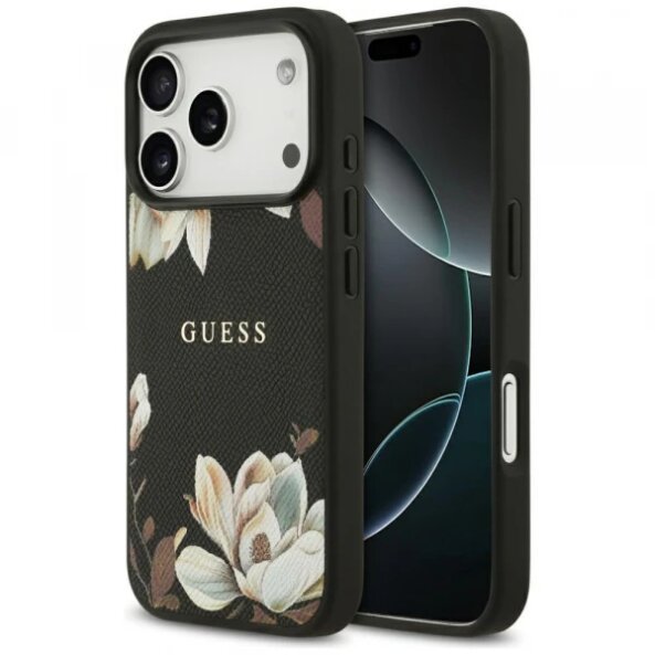 Husa MagSafe pentru Apple iPhone 17 Pro, Guess, Grained Flowers, Neagra