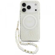 Husa MagSafe pentru Apple iPhone 17 Pro, Guess, IML Flowers Allover Electroplated with Pearl Strap, Alba