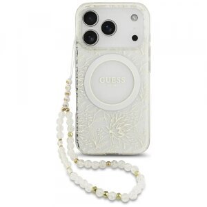 Husa MagSafe pentru Apple iPhone 17 Pro, Guess, IML Flowers Allover Electroplated with Pearl Strap, Alba