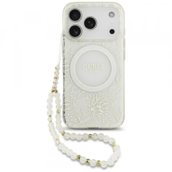 Husa MagSafe pentru Apple iPhone 17 Pro, Guess, IML Flowers Allover Electroplated with Pearl Strap, Alba