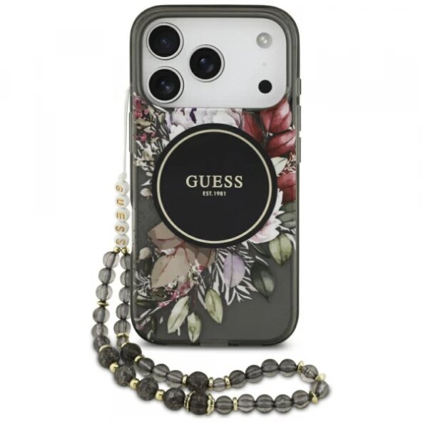 Husa MagSafe pentru Apple iPhone 17 Pro, Guess, IML Flowers with Pearl Strap, Neagra
