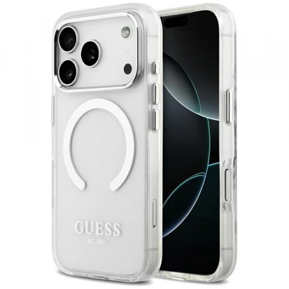 Husa MagSafe pentru Apple iPhone 17 Pro, Guess, Metal Outline, Argintie
