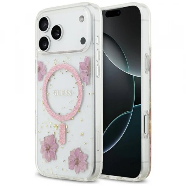 Husa MagSafe pentru Apple iPhone 17 Pro, Guess, Resin Flowers and Glitter, Roz