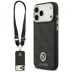 Husa MagSafe pentru Apple iPhone 17 Pro Max, Guess, 4G Strass Logo with Big Strap, Neagra